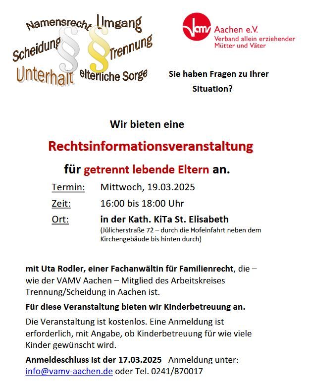 Info: Rechtsinformationsveranstaltung für getrennt lebende Eltern an.
