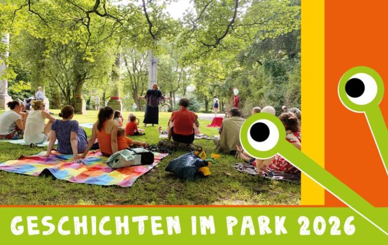 Grafik: Geschichten im Park mit Menschen, die auf einer Wiese sitzen